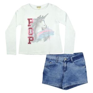 Conjunto Unicórnio com Shorts Jeans Juvenil Lilysky